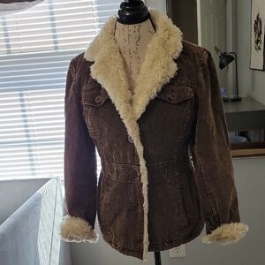 Brown Corduroy Jacket with Cream Faux Fur Trim